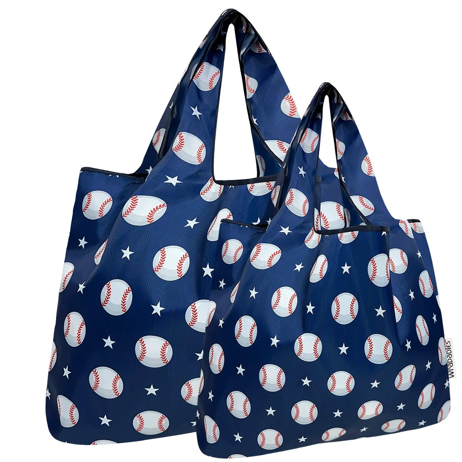 Large & Small Foldable Tote Nylon Reusable Grocery Bags, Set of 2, Baseball