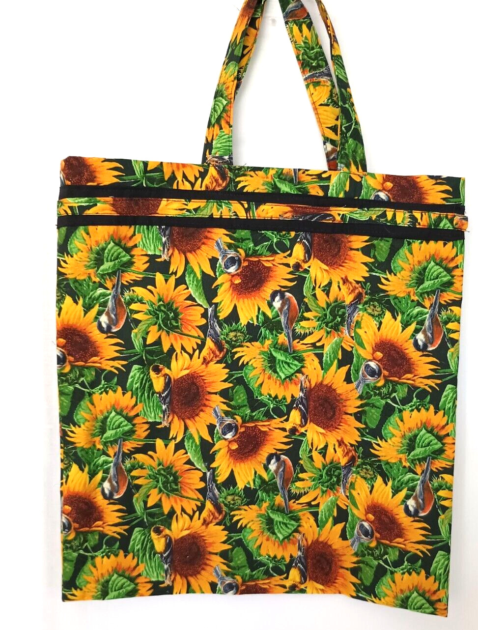 Reusable Shopping Tote Bag Sunflowers Birds Foldable Multicolor Cotton Handmade