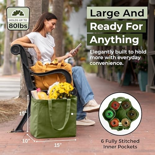 Canvas Grocery Bags Set of 3 Heavy Duty Reusable 80lbs Capacity Shoulder Strap