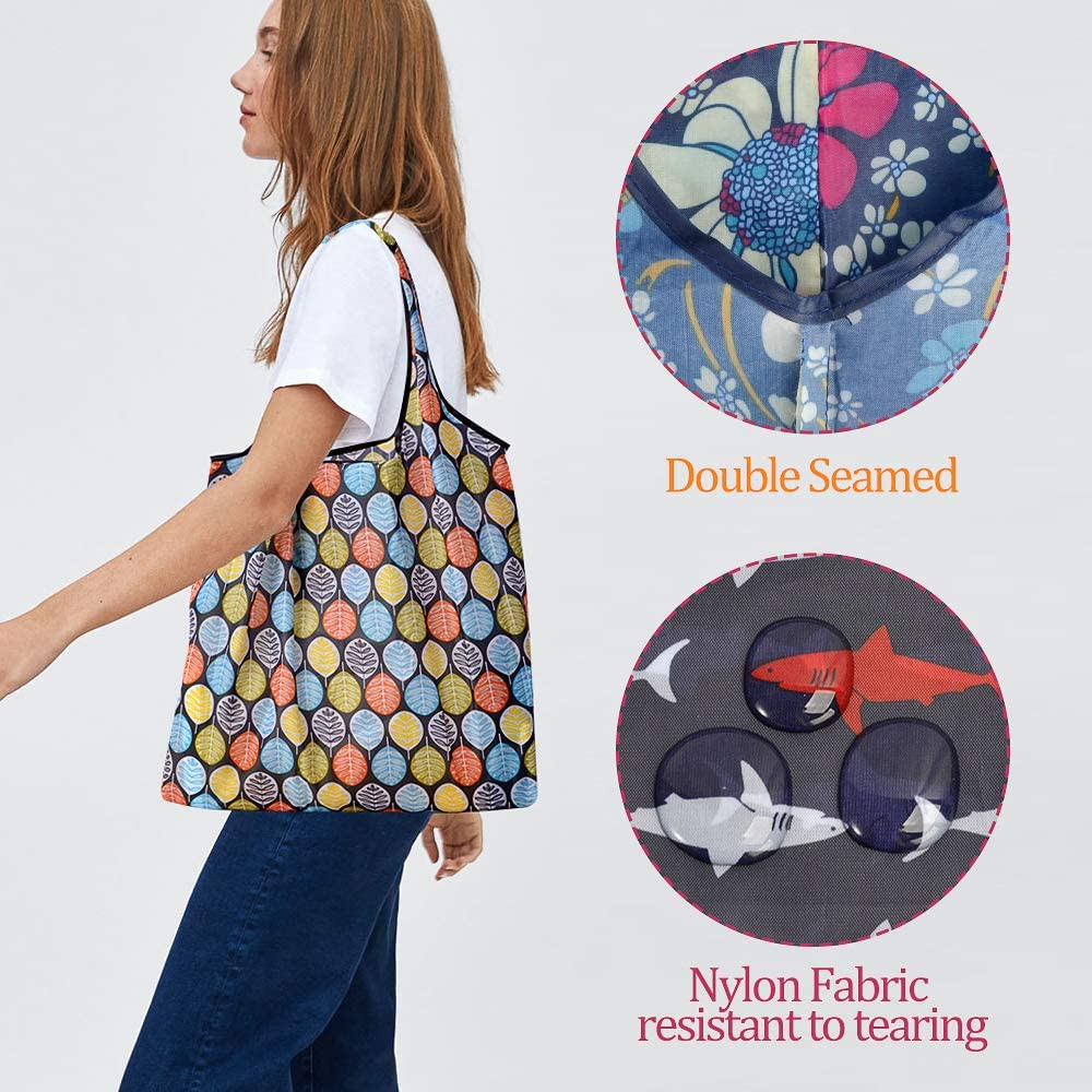 Reusable Grocery Shopping Bags 10 Pack, Foldable Tote Bags with Attached Pouch,