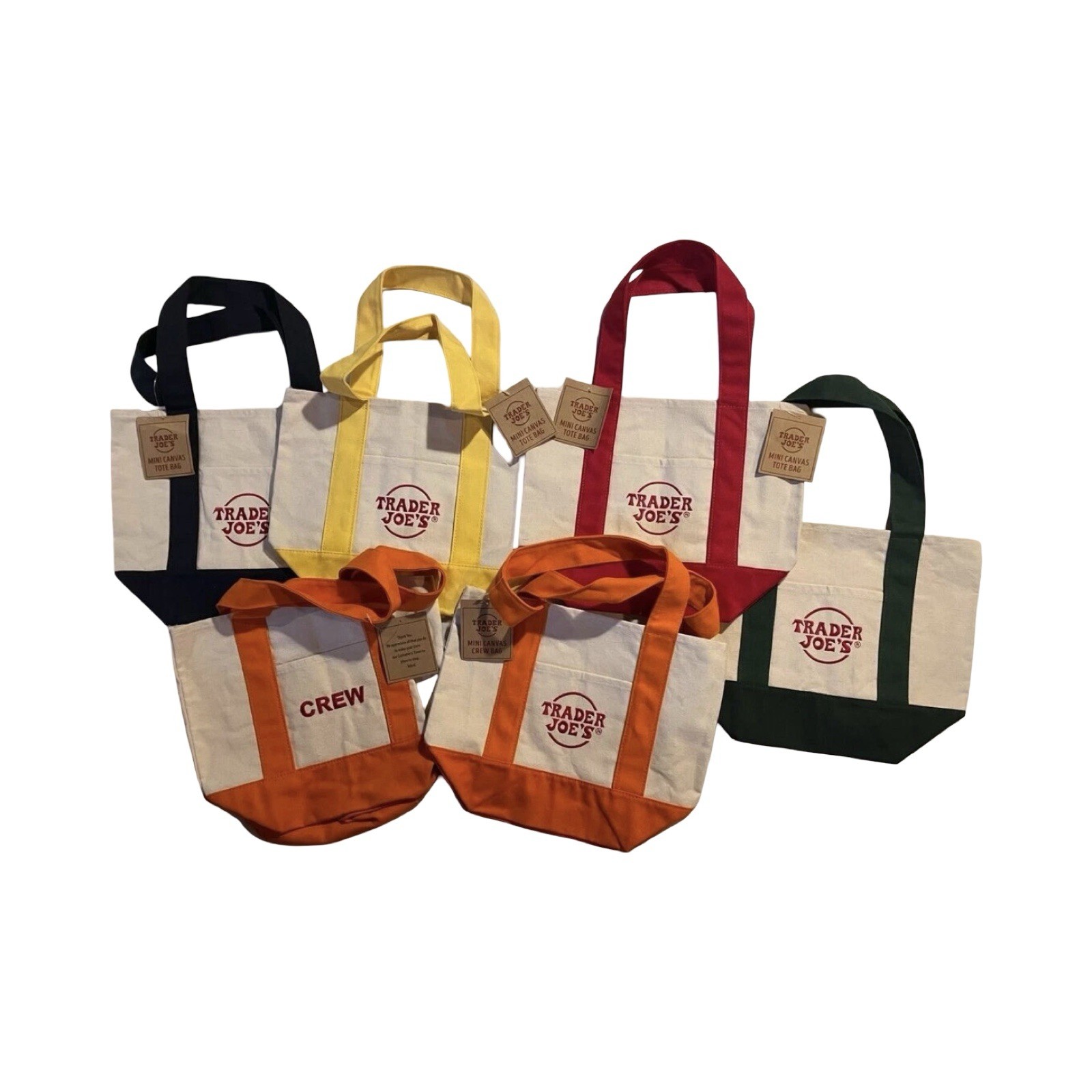 6 Trader Joe’s Mini Canvas Totes – Set of 5 Colors – w/2 Orange Crew Bags