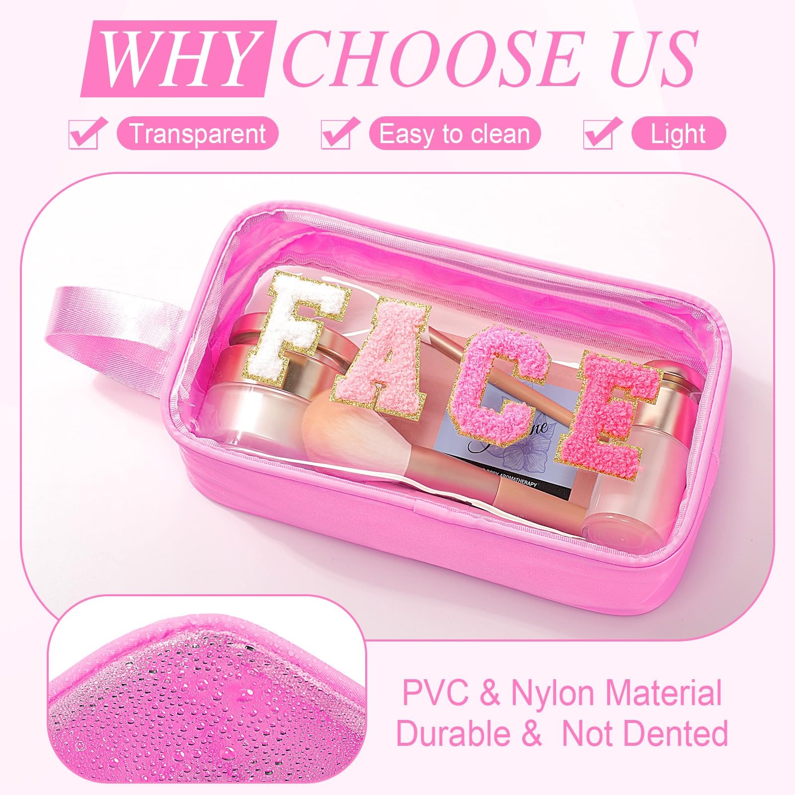 Kacctyen Letter Clear Makeup Bags Face Pouch Pink Preppy Patch Medium,
