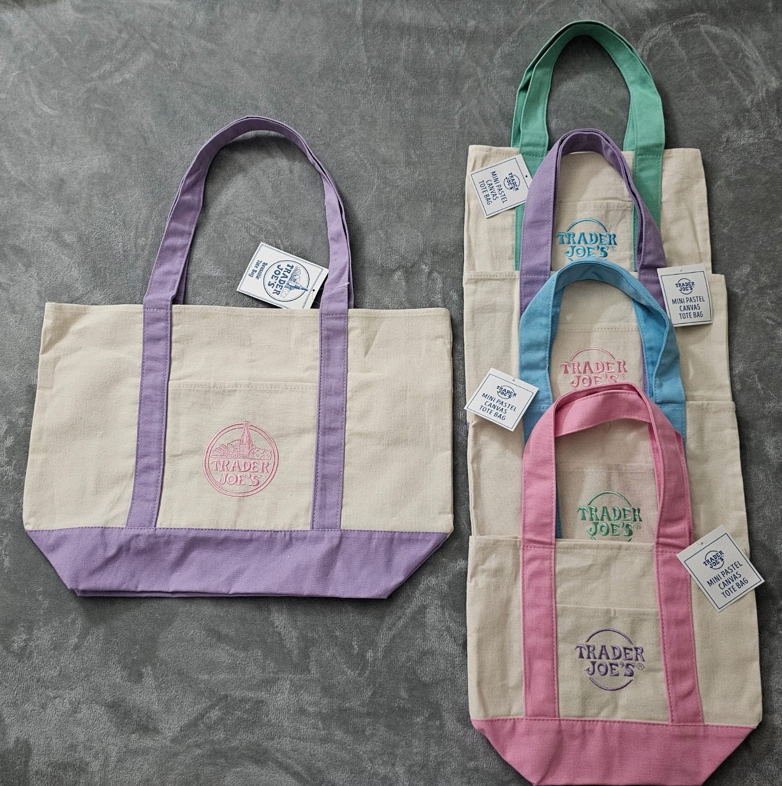 Trader Joe’s – Mini Canvas Tote Bag Set of 5 Colors 1 big 4 minis (New With Tag)