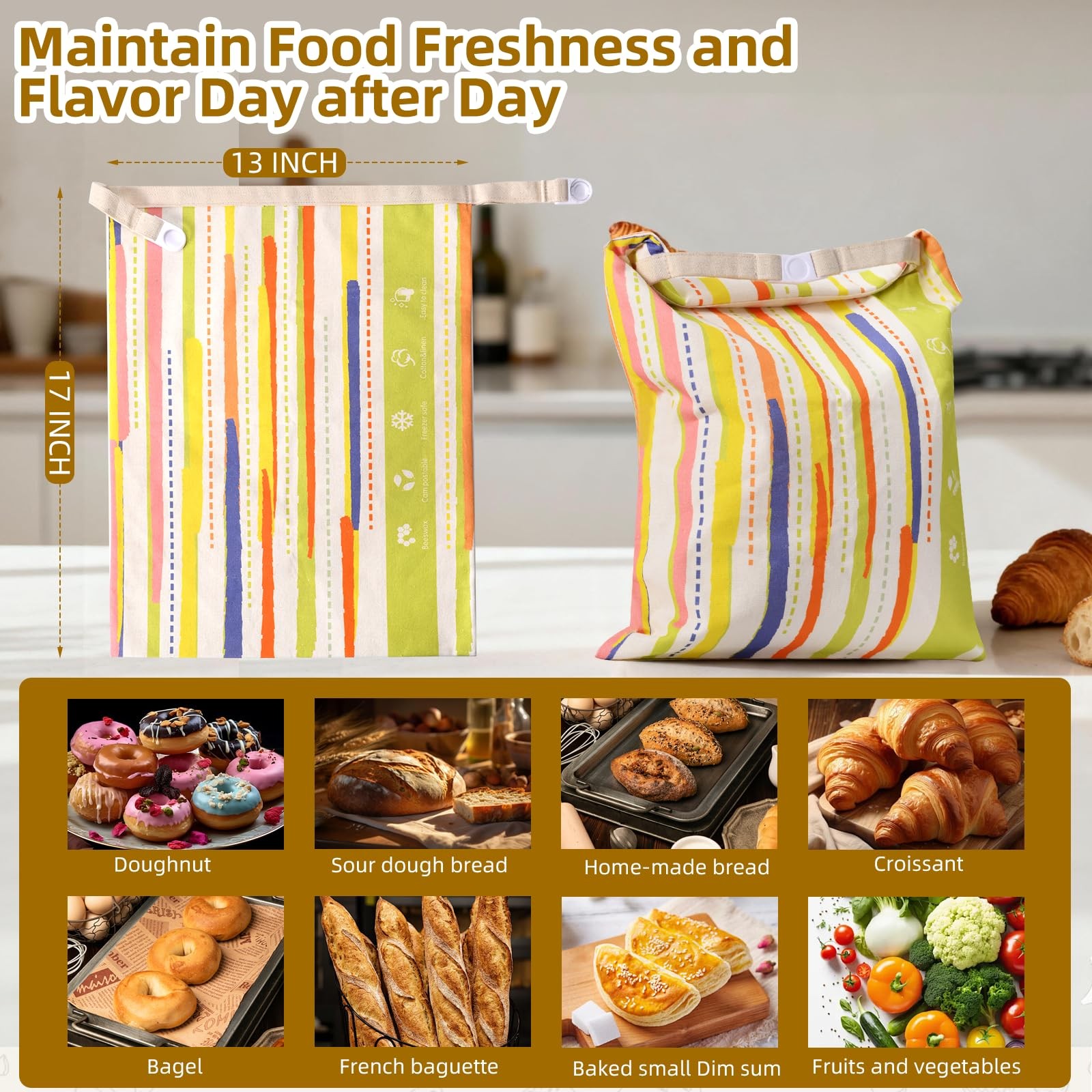 2 Pack Beeswax Bread Bags for Sourdough Homemade X-Large, colour stripe