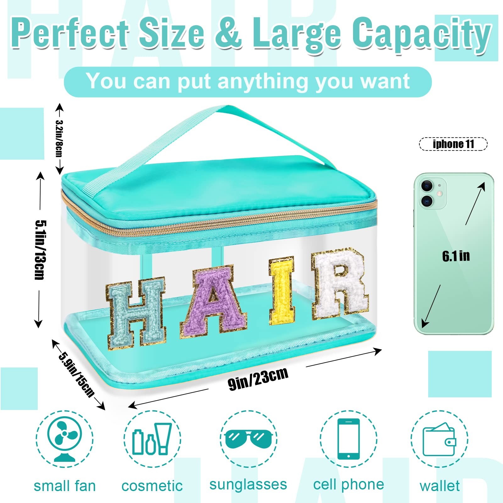 Chenille Letter Clear Makeup Bags Hair Pouch, Preppy Patch HAIR-Green