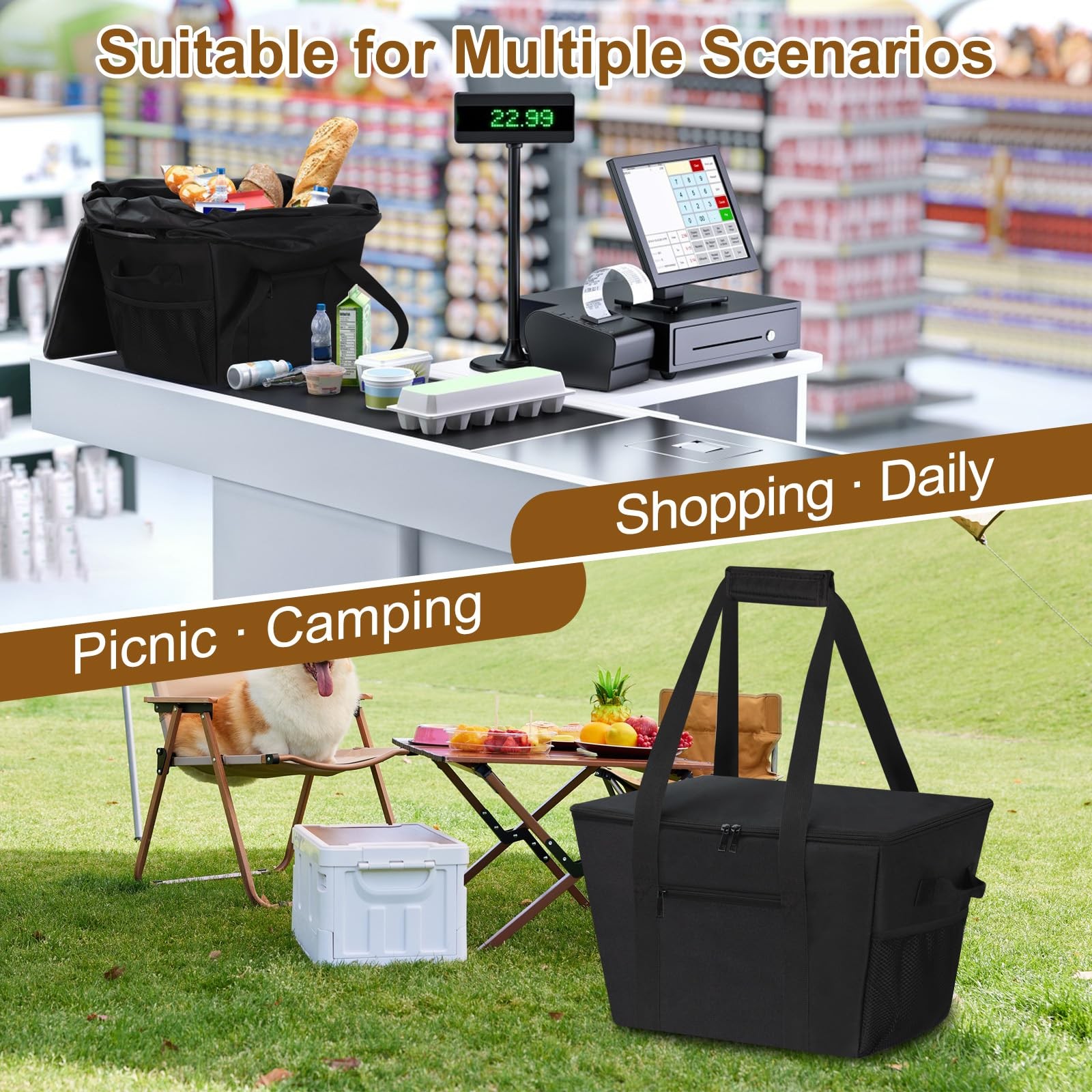 Insulated Grocery Bag Removable Bottom Board Zip Drawstring Cooler Delivery