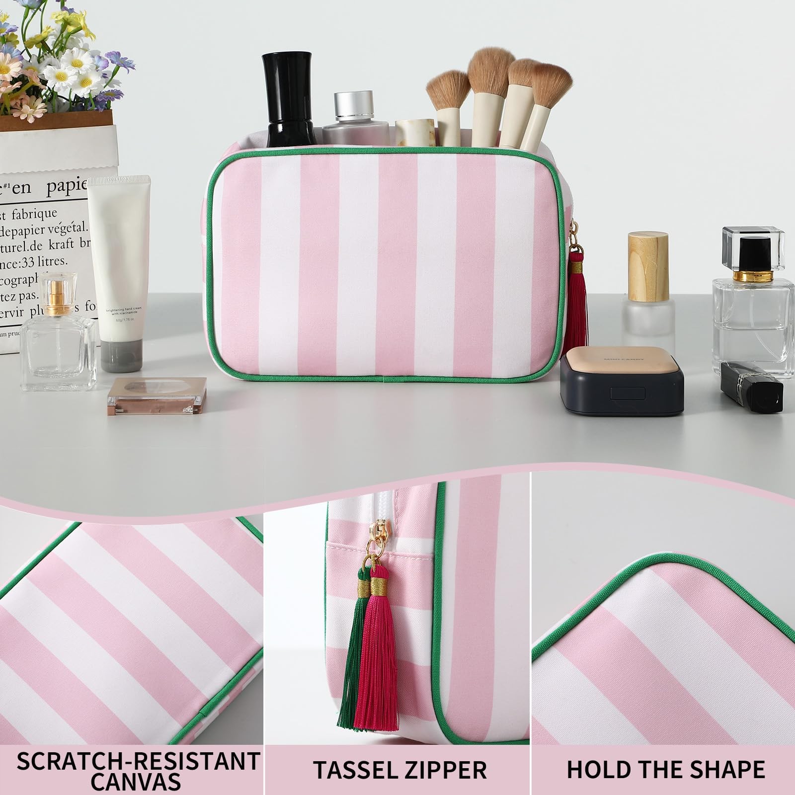 EMBRUNIOICE Stripe Makeup Bag Travel Cosmetic Organizer White & Pink