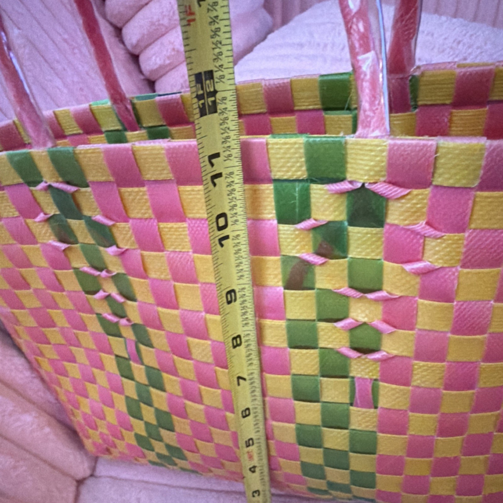 Large Foldable Plastic Checked Reusable Shopping Bag Pink Yellow Green 14x6x10in