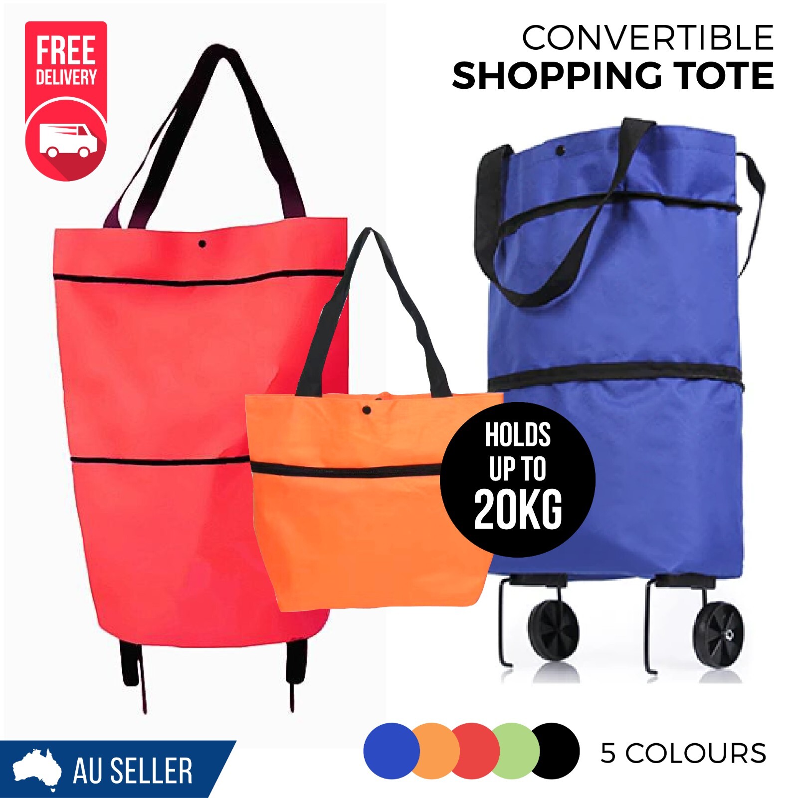 Shopping Tote Bag with Wheels Expandable Holds Up to 20Kg 5 Colours