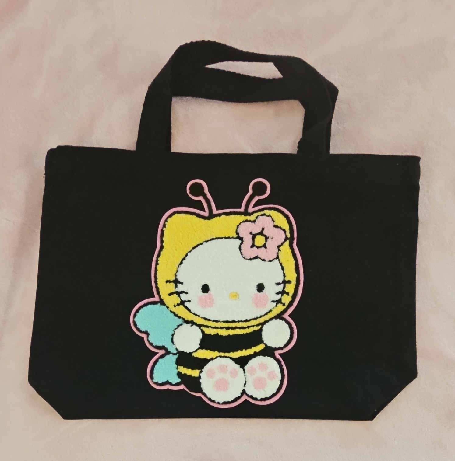 Reusable Black Fabric Tote Bag w/ Character Bee Applique 15x10x4″