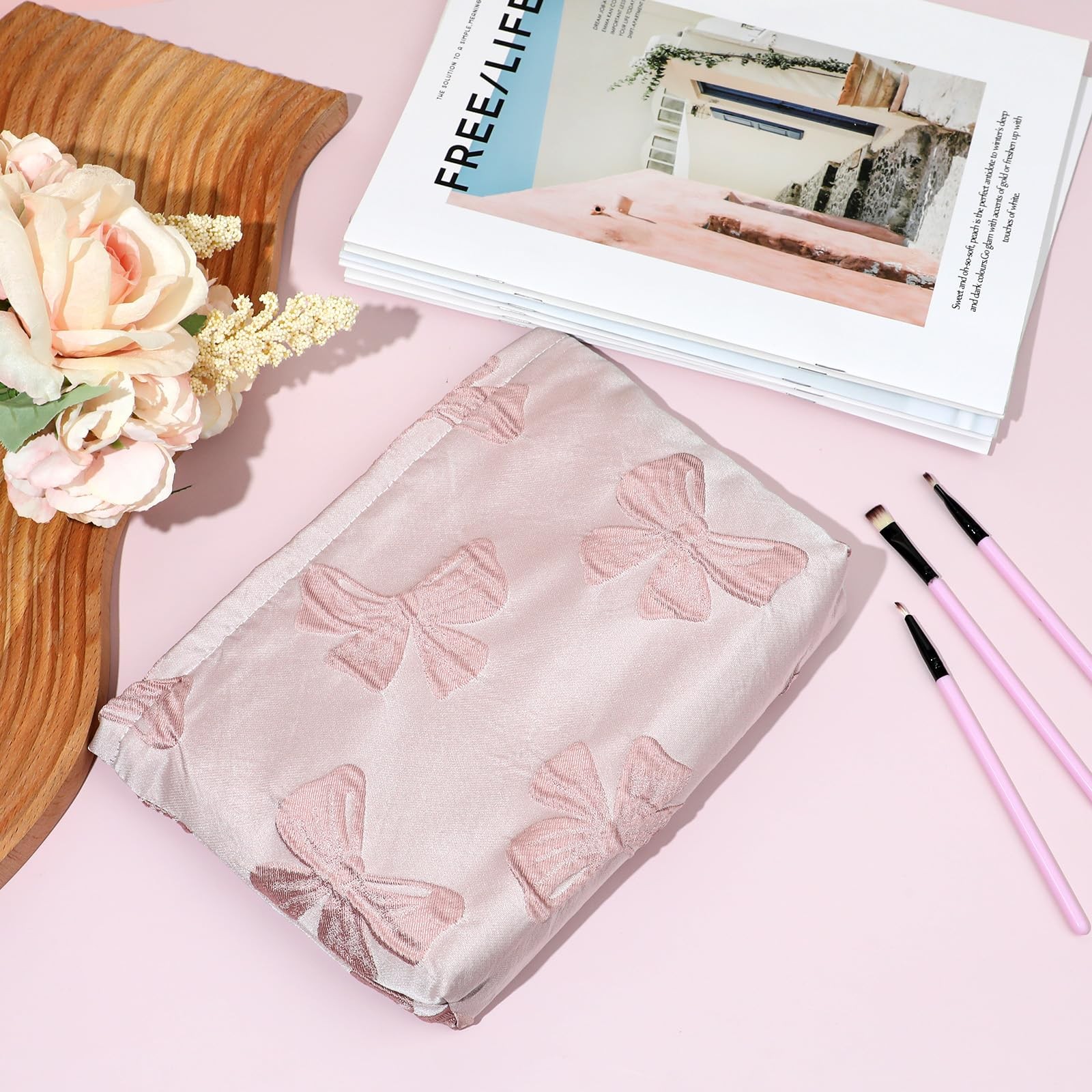 Makeup Bag Large Capacity Elegant Bow Preppy Cosmetic Aesthetic Pink