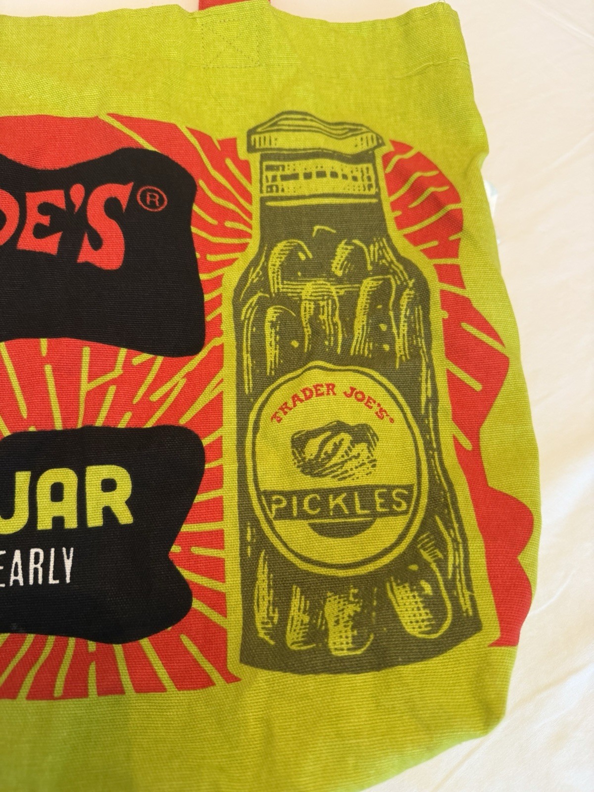 Trader Joe’s PICKLE IN A JAR Canvas Cotton Tote Reusable Grocery Tote Bag Green