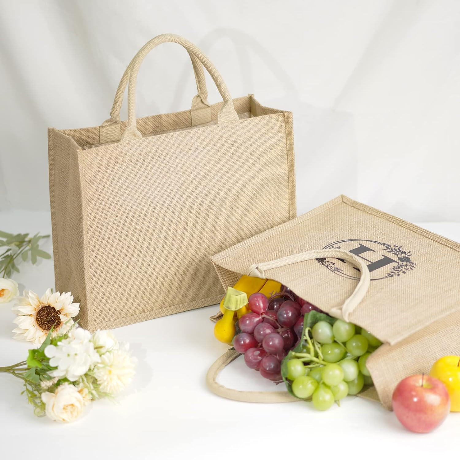 12 Pack Burlap Tote Bags with Handles & 26 Iron-On Letters for DIY Crafts