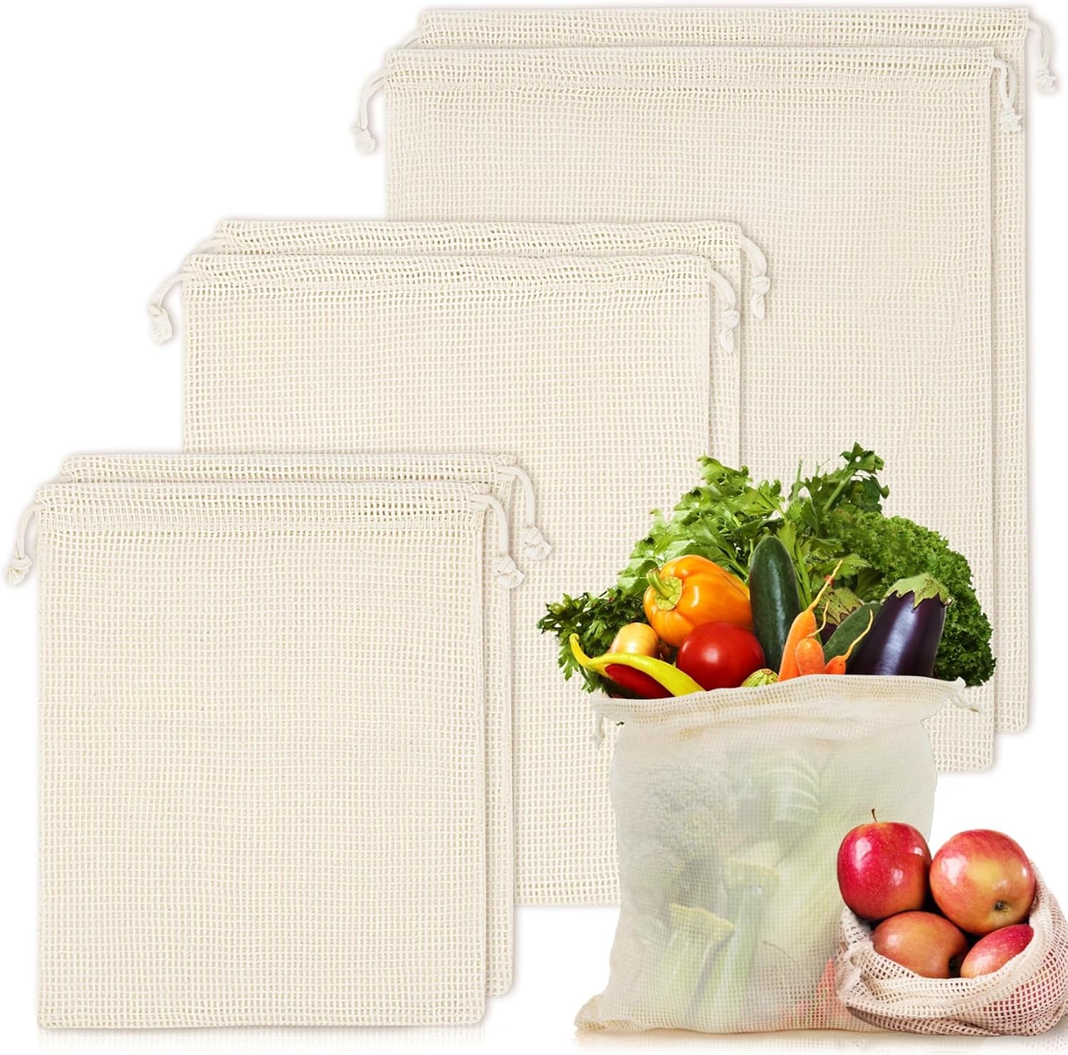Reusable Mesh Grocery Bags, 6 Pack Cotton Produce Bags, Drawstring, Beige
