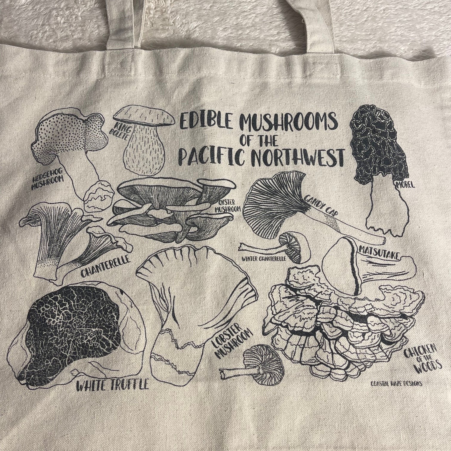 Beige Canvas Reusable Shopping Bag Eco Recycled Cotton Mushrooms Cooking Chef