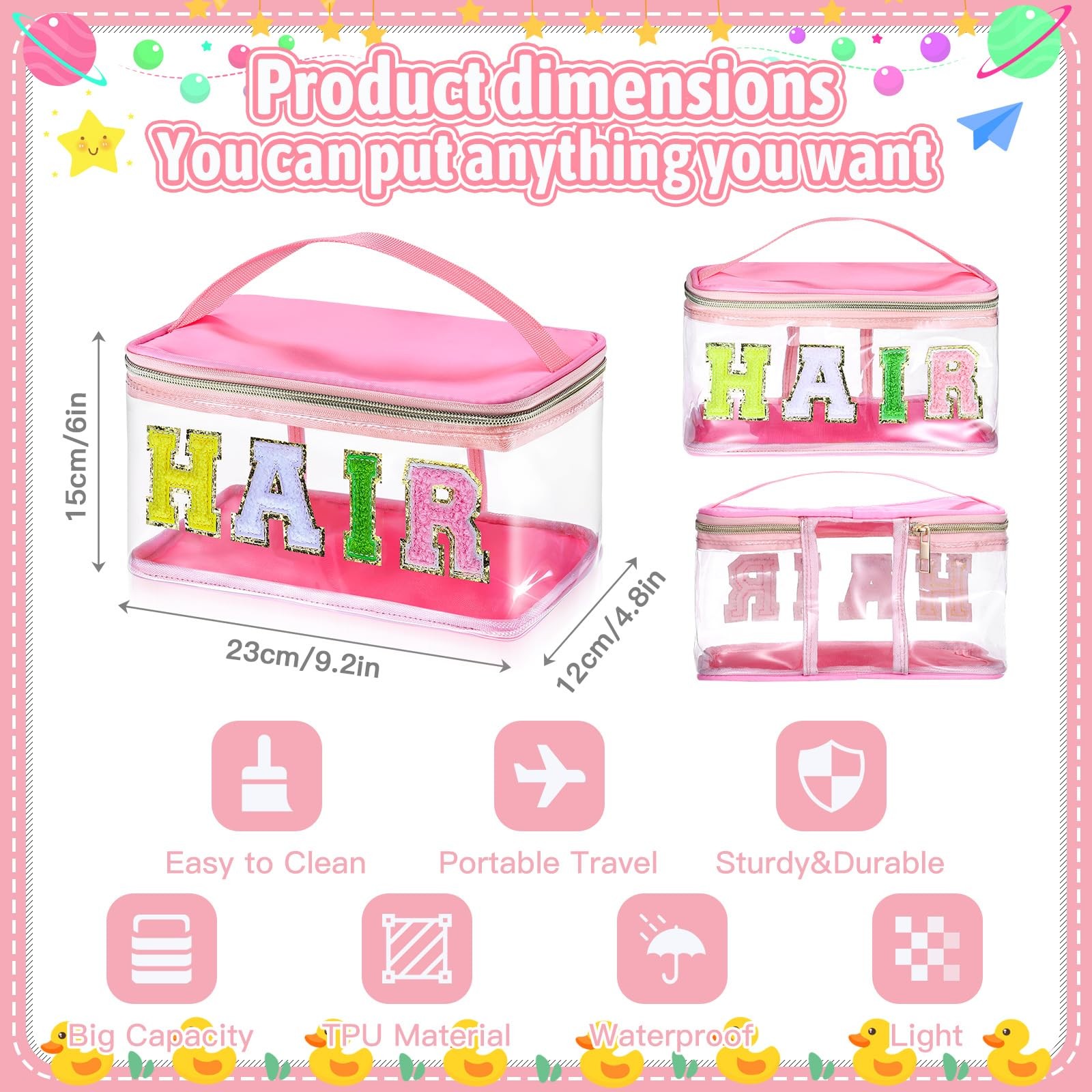 libfrnt Chenille Letter Clear Makeup Bags, Preppy Pink Hair Bag