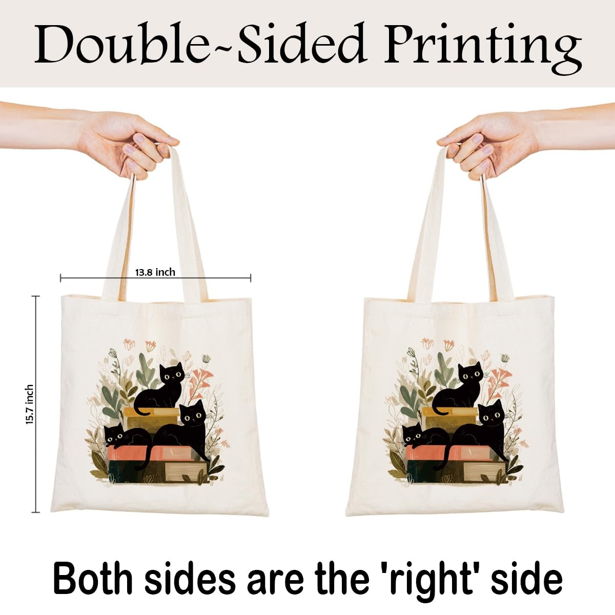 Black Cat Book Canvas Tote Bag for , Floral Aesthetic Cat Lover Reusable Groc…