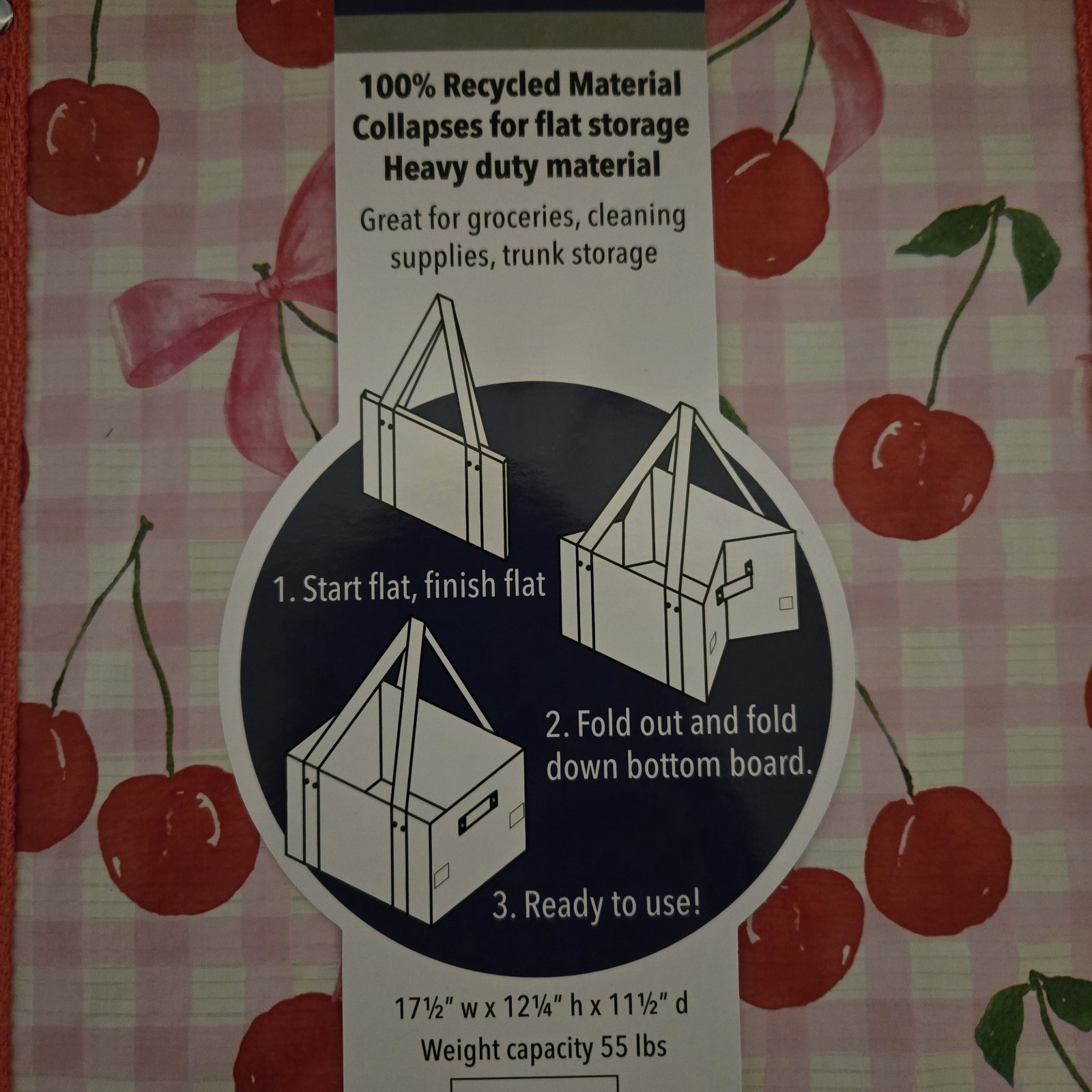 Collapsible Box Tote Cherry Gingham Bows Reusable Folds Flat Heavy Duty NEW