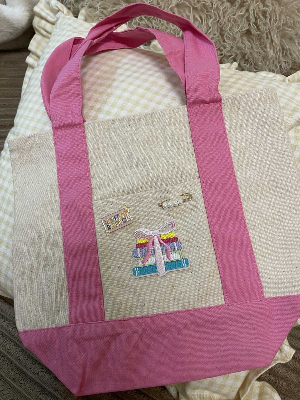 Pink/Beige Colorblock Canvas Tote Bag, Small