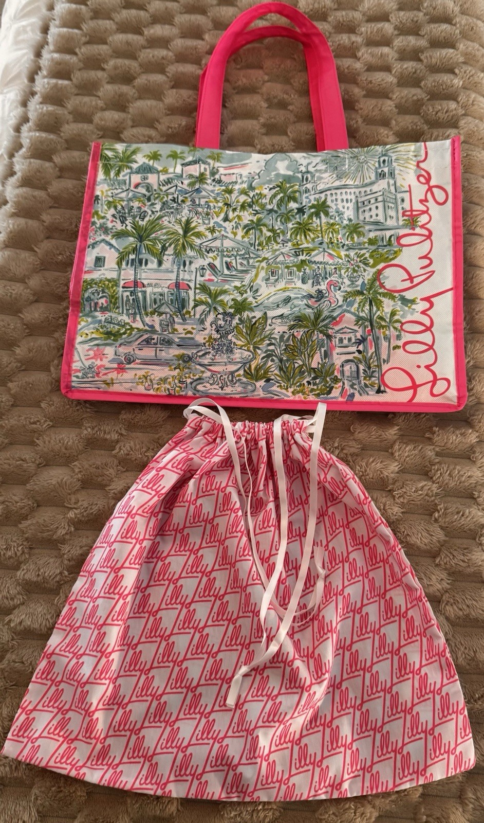 Lilly Pulitzer Reusable Shopping Tote Bag Tropical Cityscape/Drawstring Bag