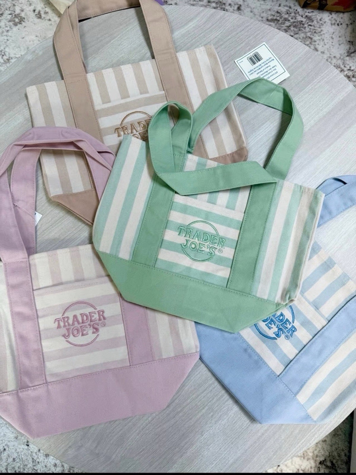 Trader Joe’s Striped Mini Canvas Reusable Tote Bag Beige Tan 13x10x6 in