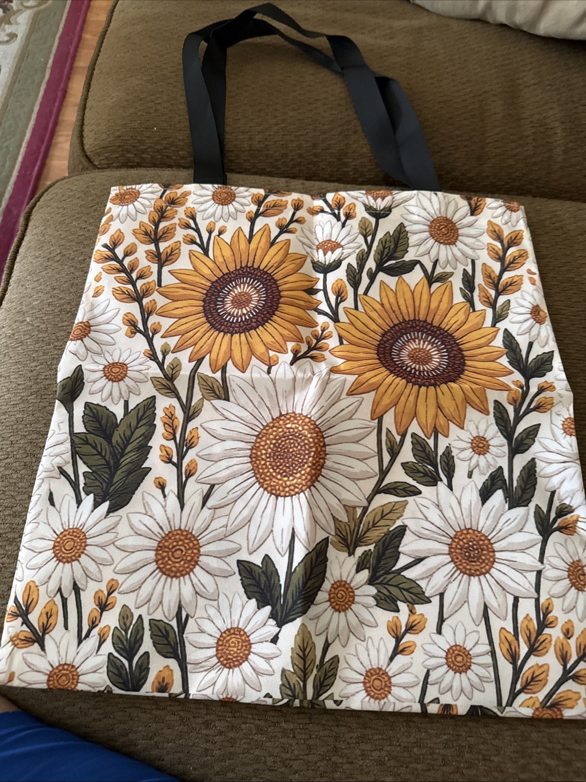 Sunflower Printing On Double Sides Polyester Tote Bag W/double Handles