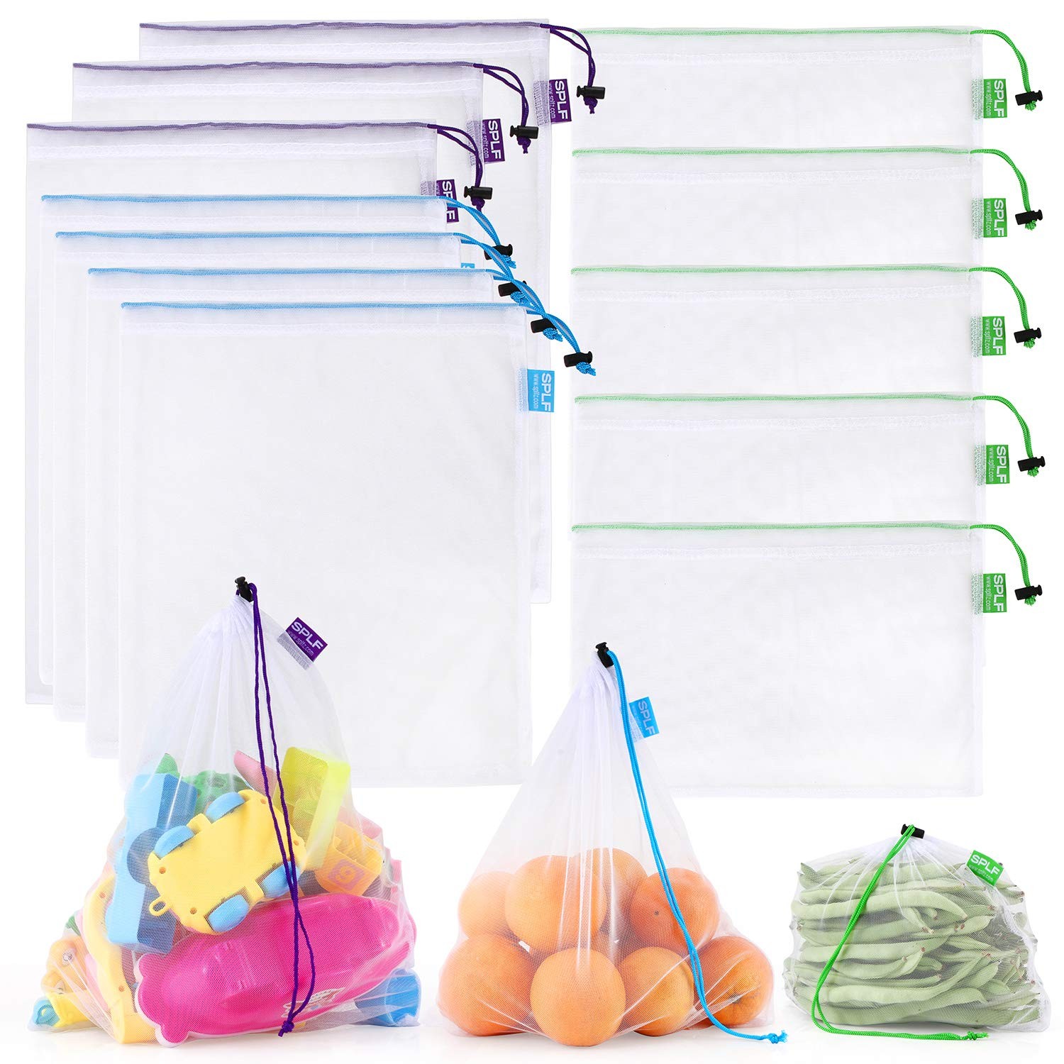 12-PCS Heavy Duty Reusable Mesh Produce Bags with Drawstring for Groceries