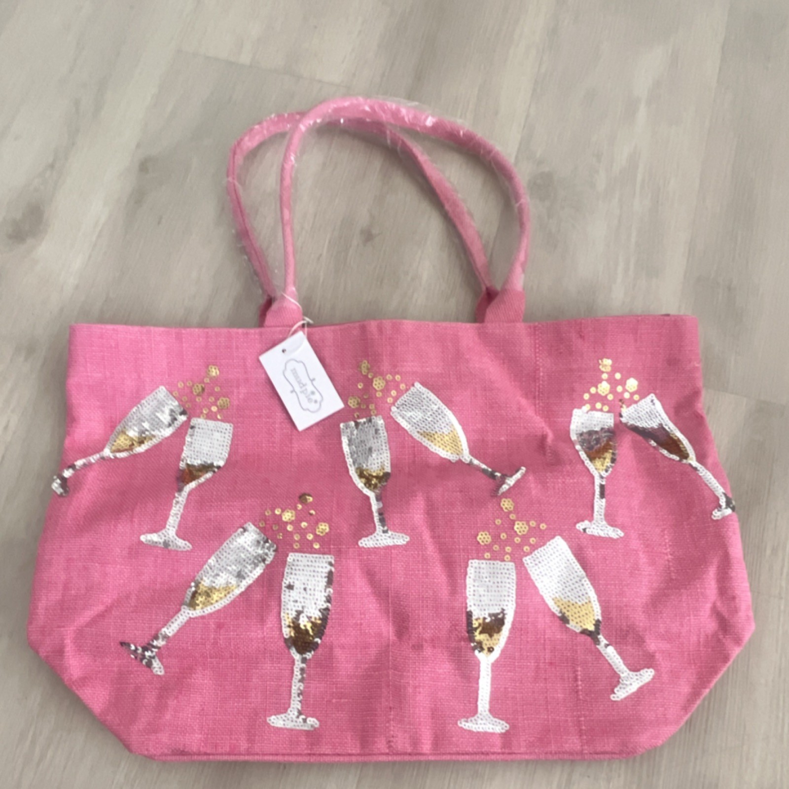 Mud Pie Cheers Sparkle Pink Jute Tote Bag, Reusable Large 14 1/2 x 22″