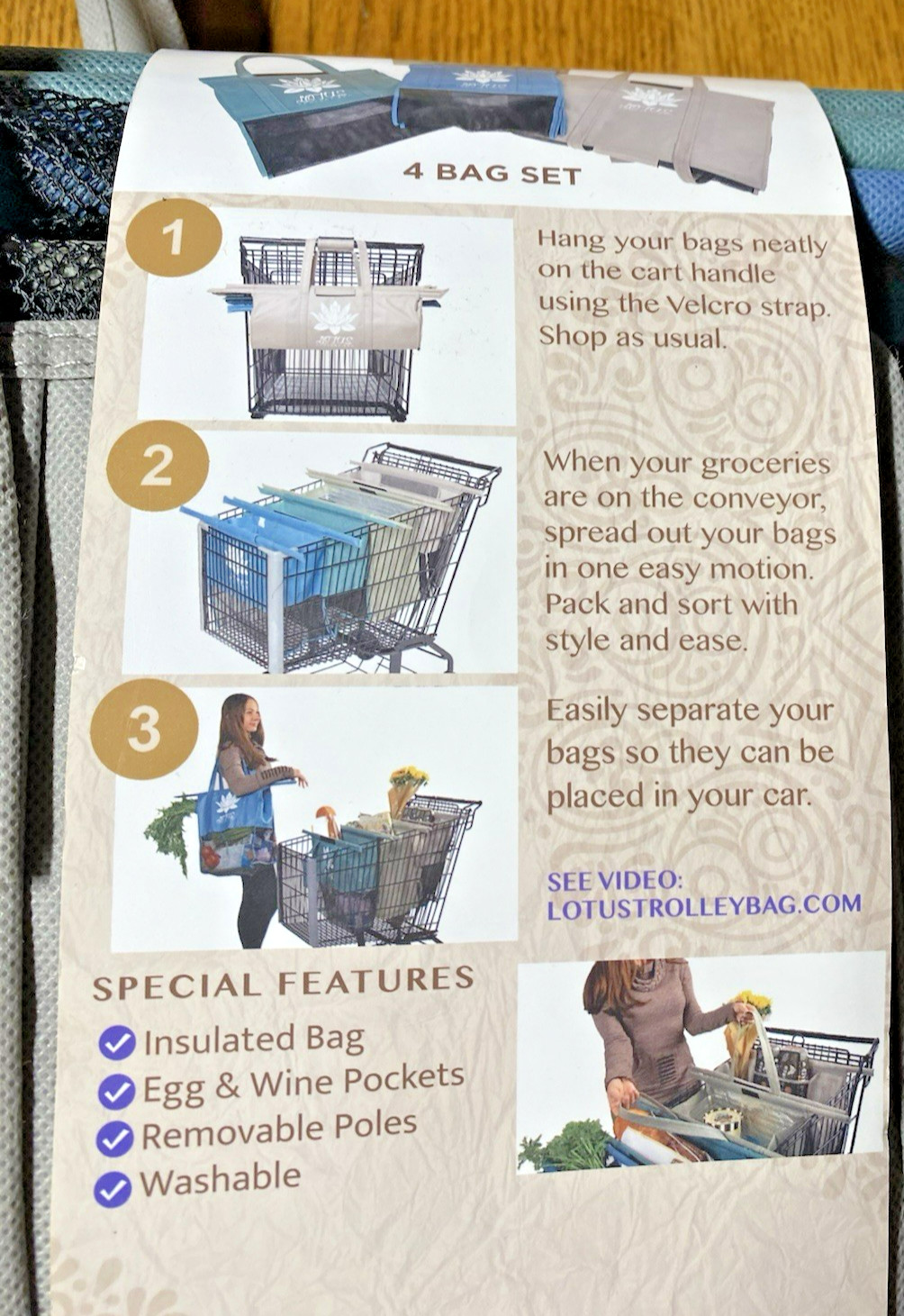 New Trolley 4 Bag Set by Lotus Reusable Eco Friendly Grocery Organizers Washable