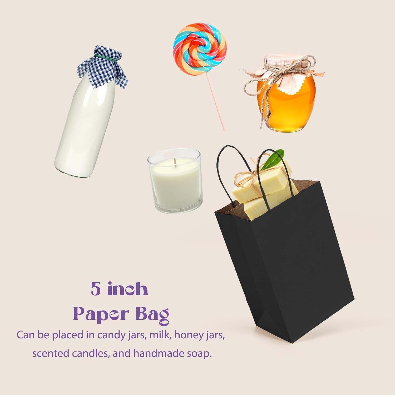 Black Paper Bags 5.25×3.75×8 Inch 20pcs Small Paper Kraft with Handles