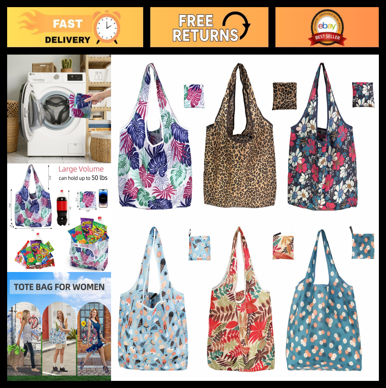 6 Pack Heavy Duty Reusable Grocery Bags with Handles, Foldable & Washable Shoppi