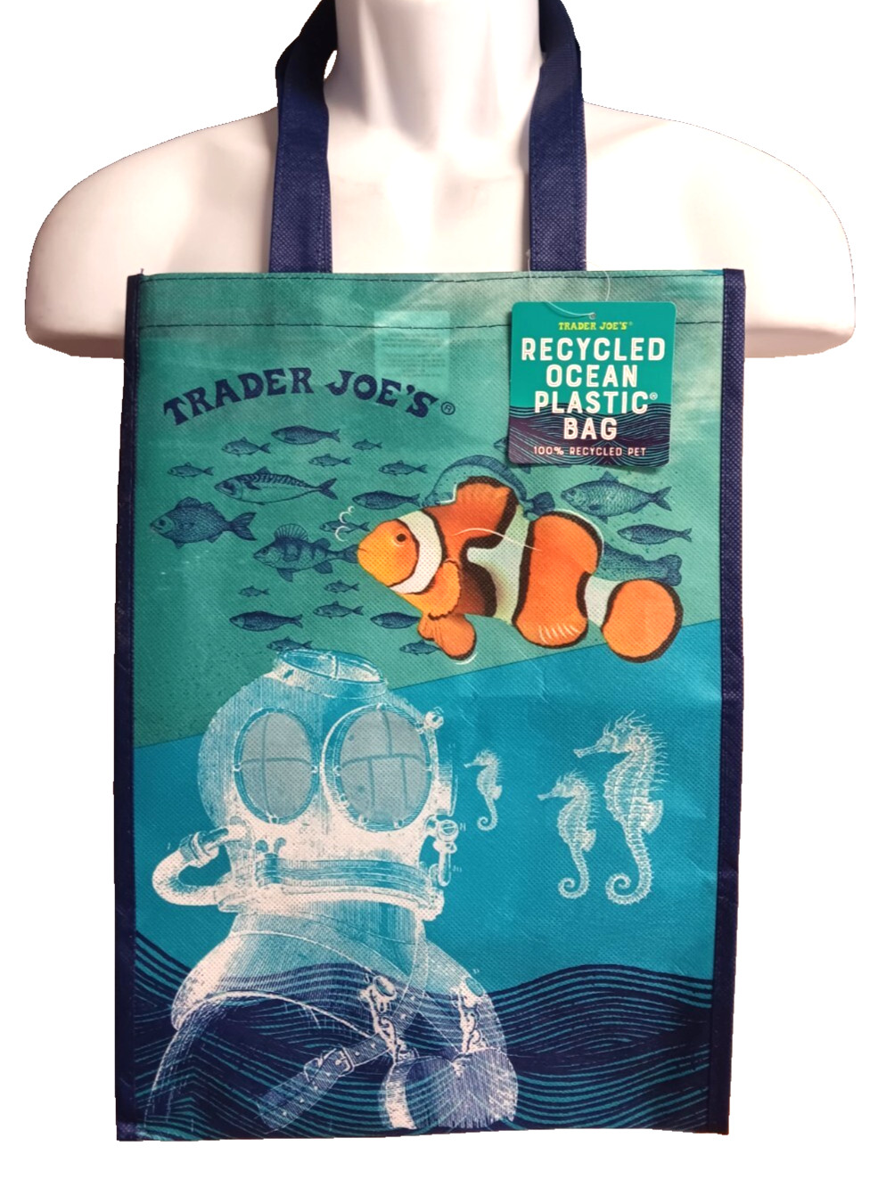 Trader Joe’s Recycled Ocean Plastic Bag 125 Uses Clown Fish Octopus Submarine