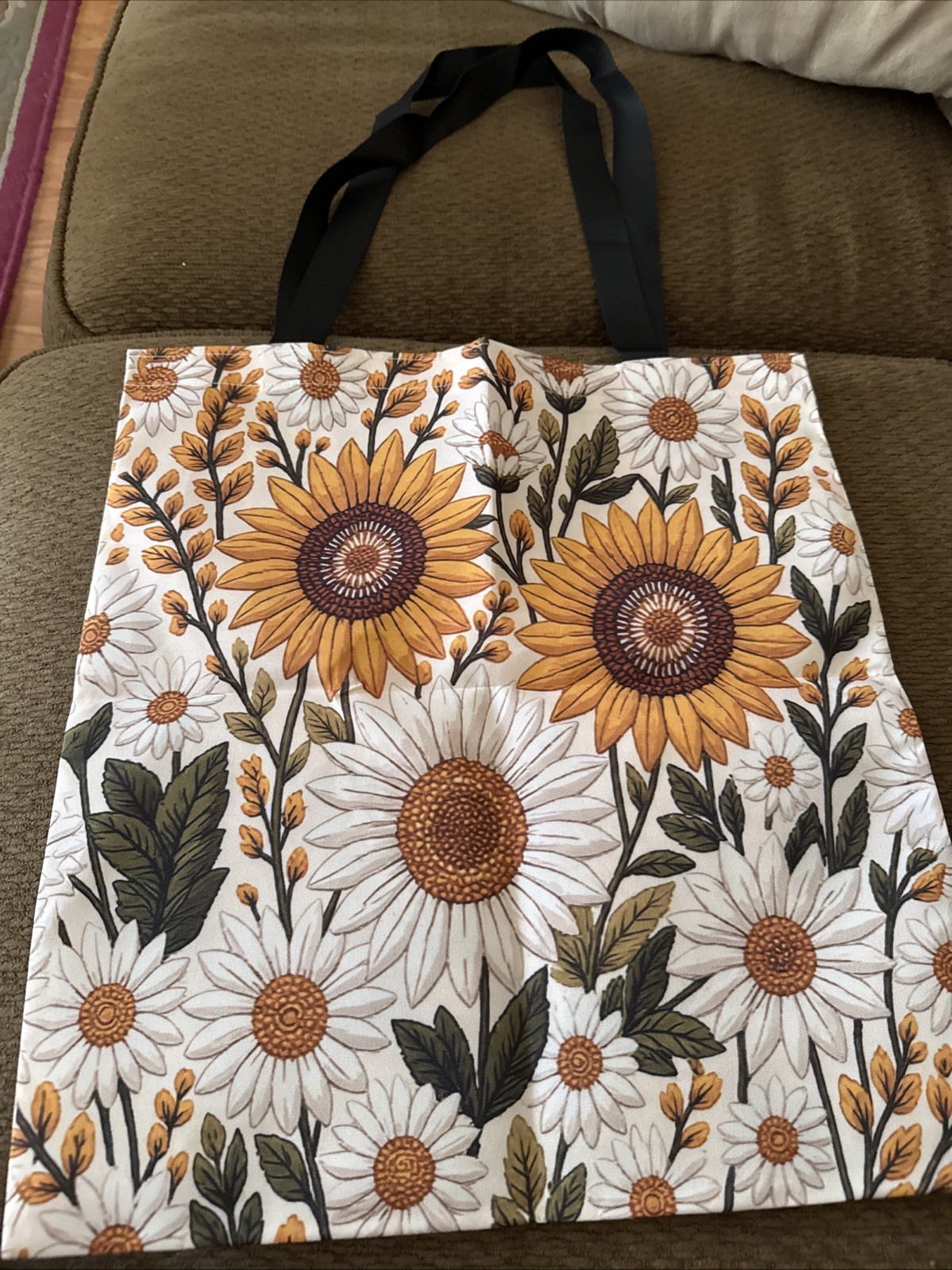 Sunflower Printing On Double Sides Polyester Tote Bag W/double Handles