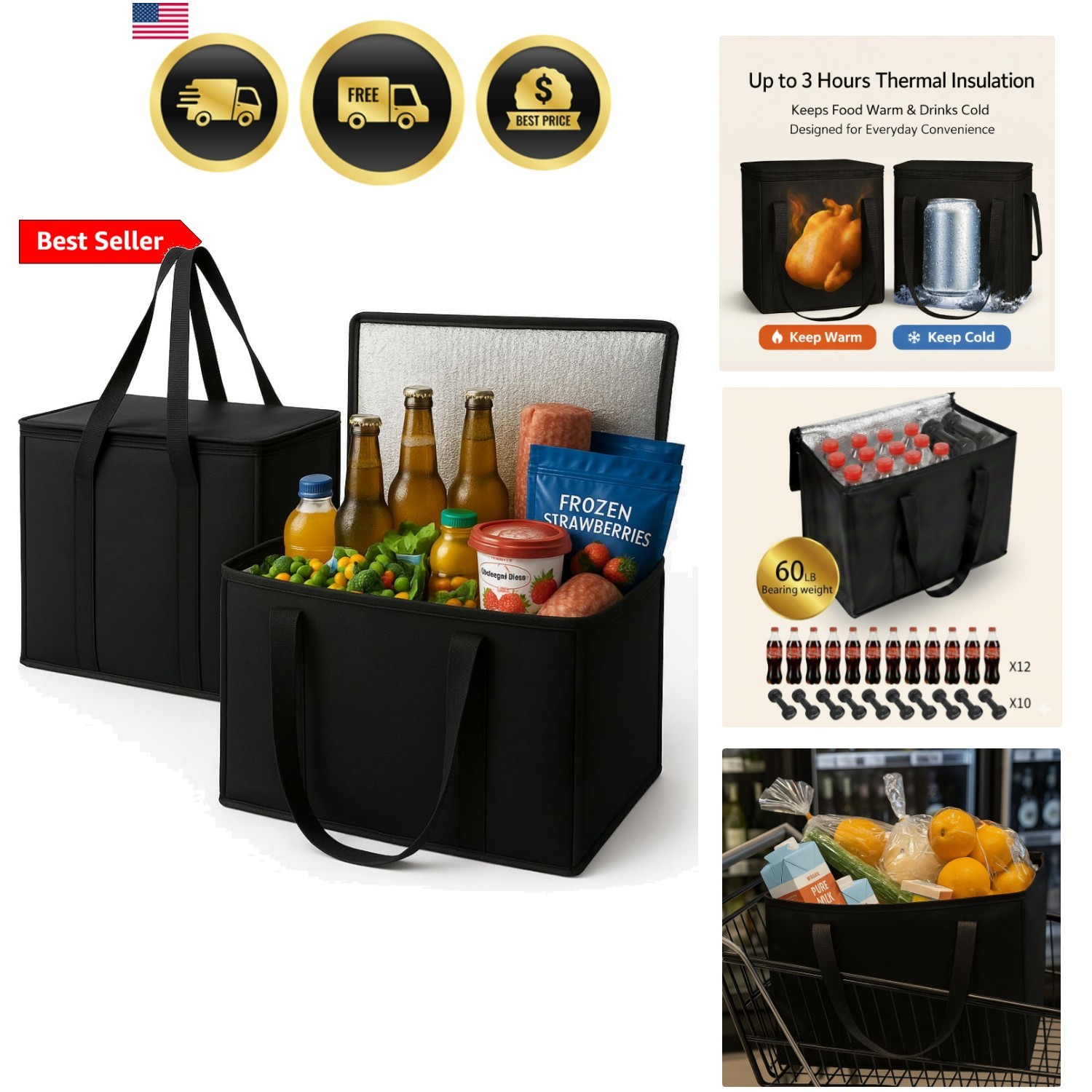 2-Pack, XL-Large Insulated Grocery Shopping Bags, Black, Reusable Bag,Thermal…