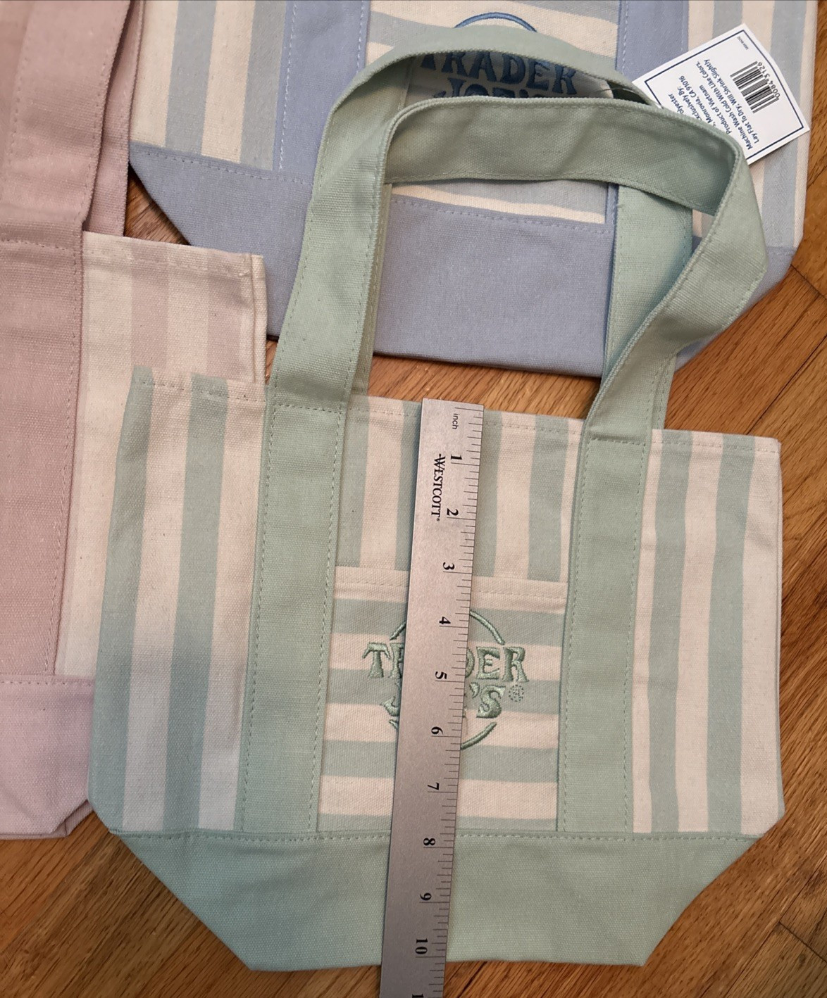 Trader Joe’s Mini Striped Canvas Pastel Tote Bag Set of 4 Pink Green Blue Beige