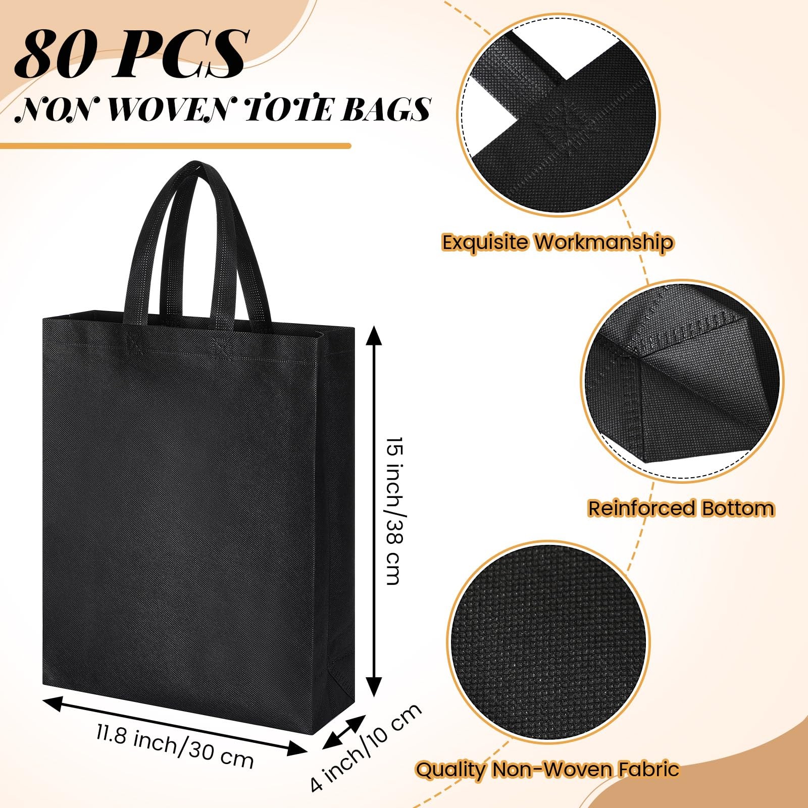 80 PCS Non Woven Tote Bags Bulk Large Reusable Gift Bag 15×11.8×4 Inches
