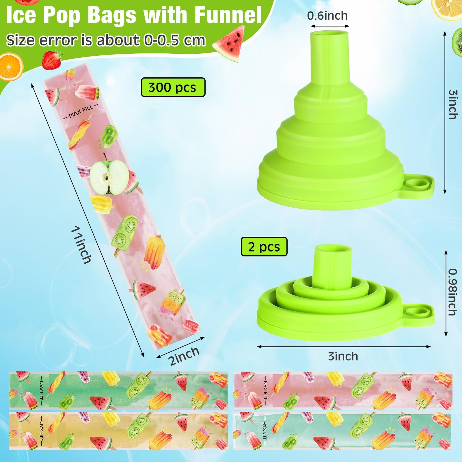 Yiyiring 300 Pcs Disposable Ice Pop Mold 11 x 2 inches, as the picture shown