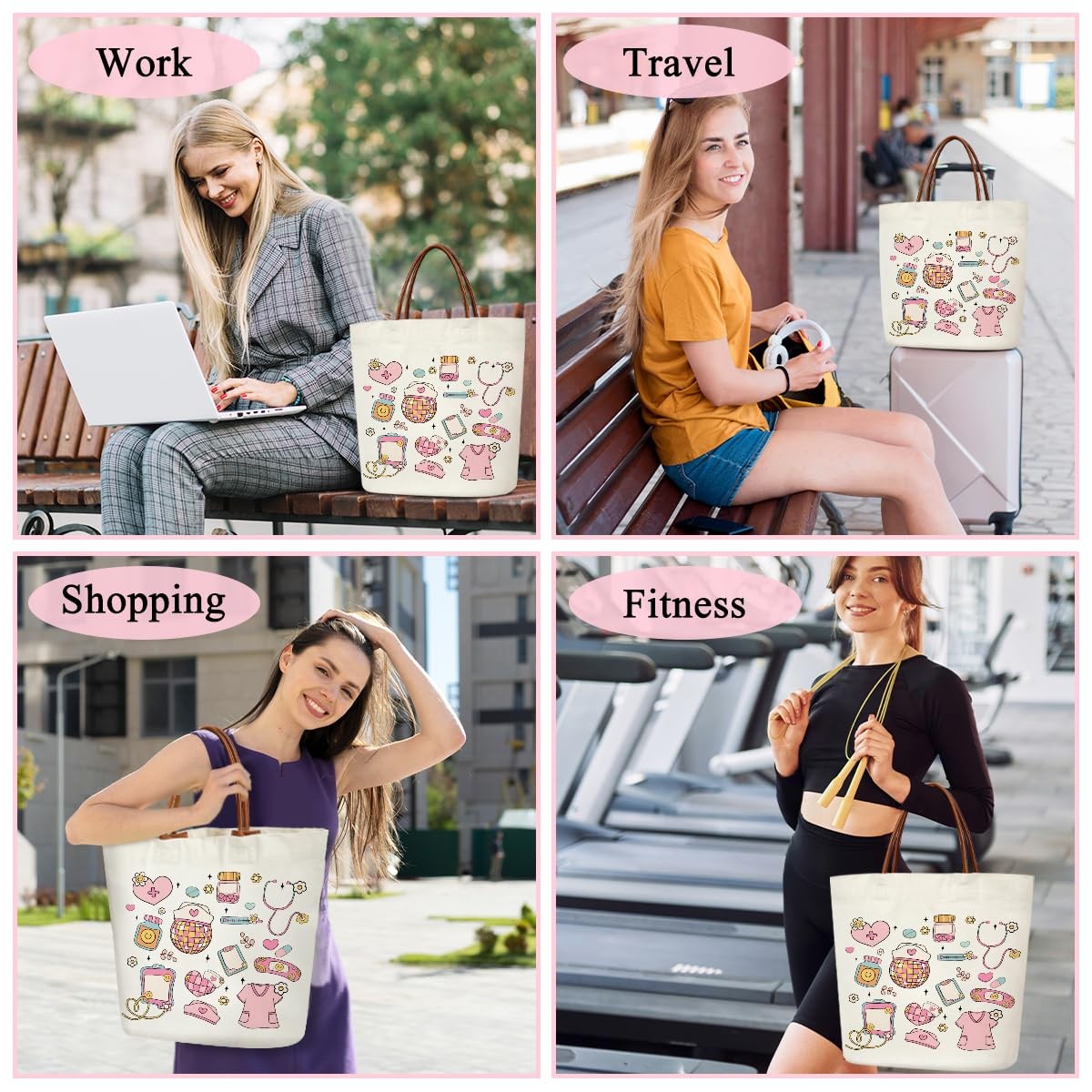 Stylish Pink Nurse Tote Bag Women, Graduation Gift Canvas with Leather Handle