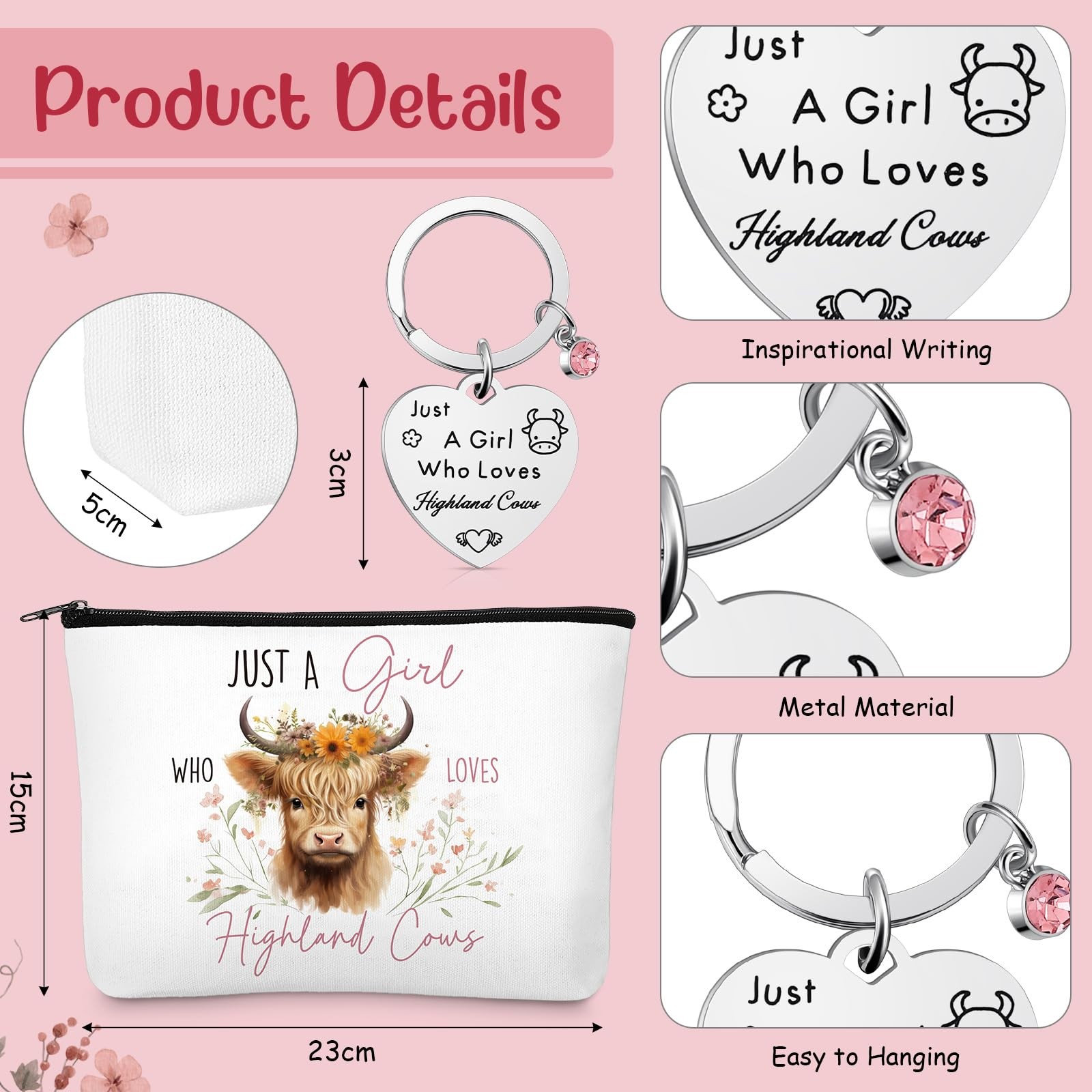 Sinmoe 5pcs Highland Cow Gift Set Women 13.39 x 15.75 x 3.94 inches, Pink