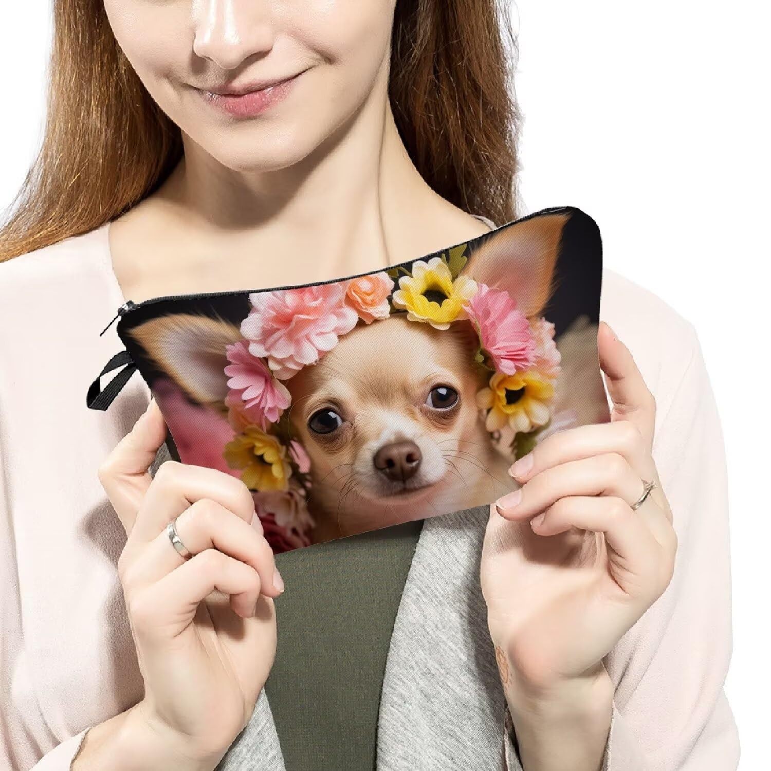 Livel lhood Floral Chihuahua Makeup Bag 8.65 x 2 x 5.35 inches, 02