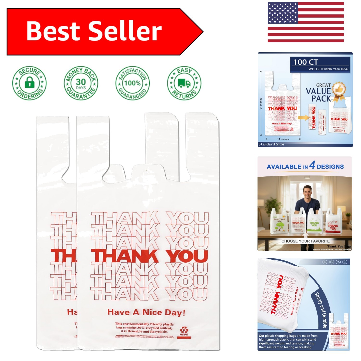 100 Count White Thank You T-Shirt Bags – Reusable & Disposable Grocery Solution