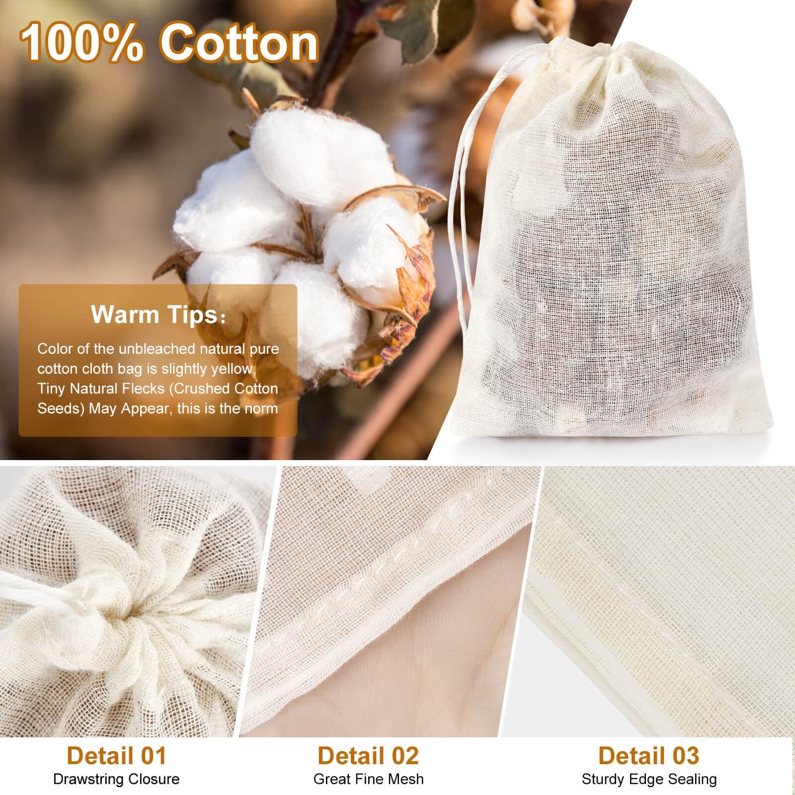 36PCS Drawstring Muslin Bags, 3x4In Reusable Empty Tea Bag 3”*4”*0.01”, White