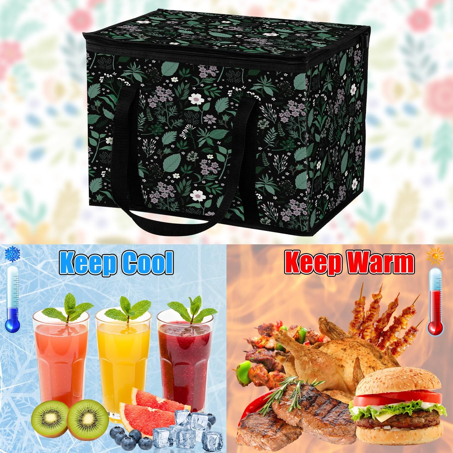 40L 15.7×11.8×12.2 Inch Flower Insulated Reusable Grocery Cooler Bag Thermal