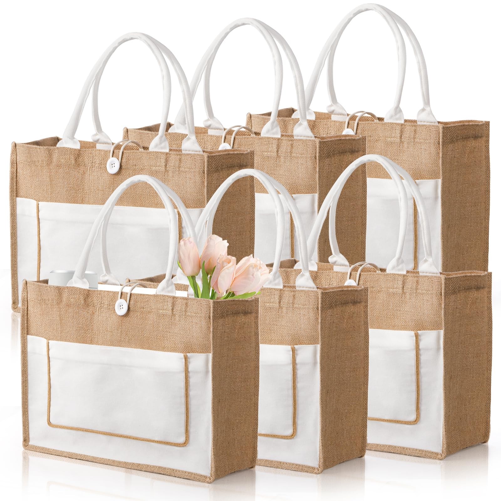 6 Pack Large Burlap Tote Bags 16.5x13x7 Inch Beach Grocery Bridesmaid