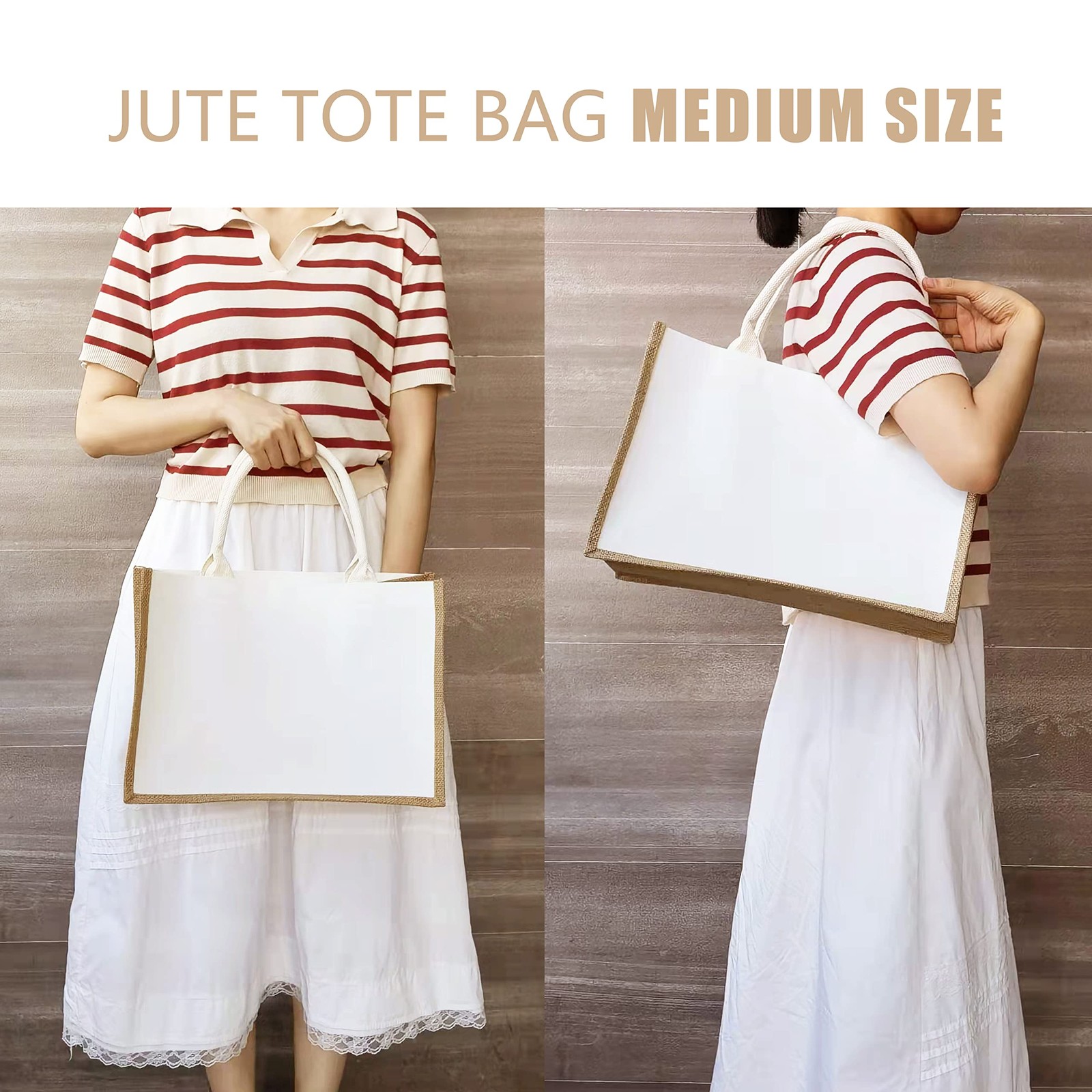 3 Pack 14.5×6.7×10.2 inch Jute Burlap Tote Bags with Handles for Shopping