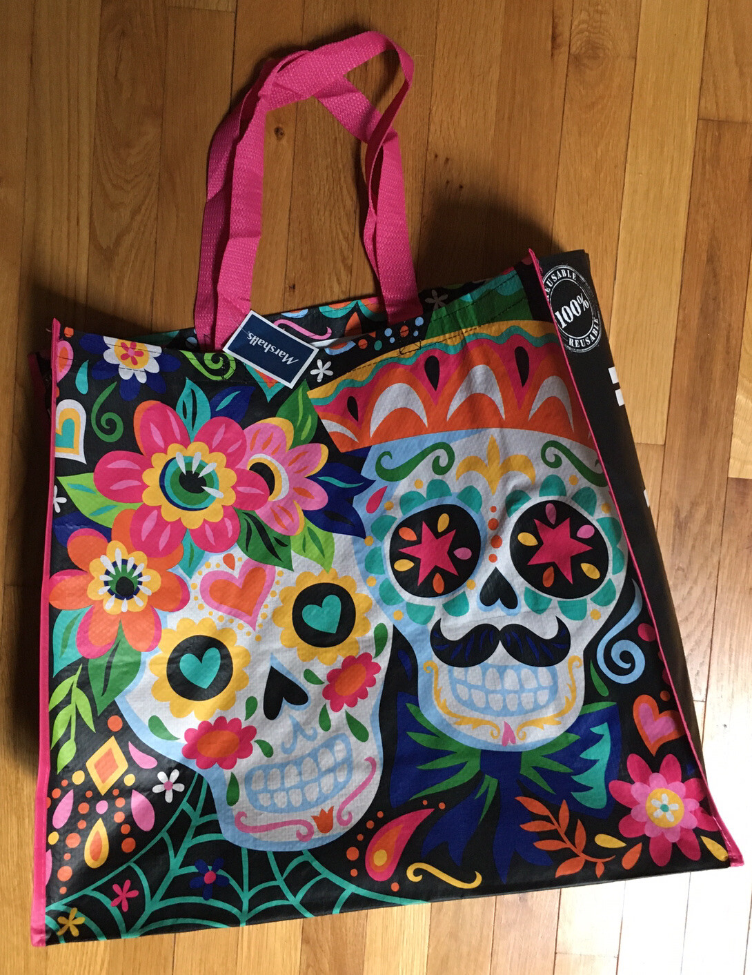 New XXL Sugar Skulls~Day Of The Dead~Shopping Bag Reusable Tote Bag~Marshalls