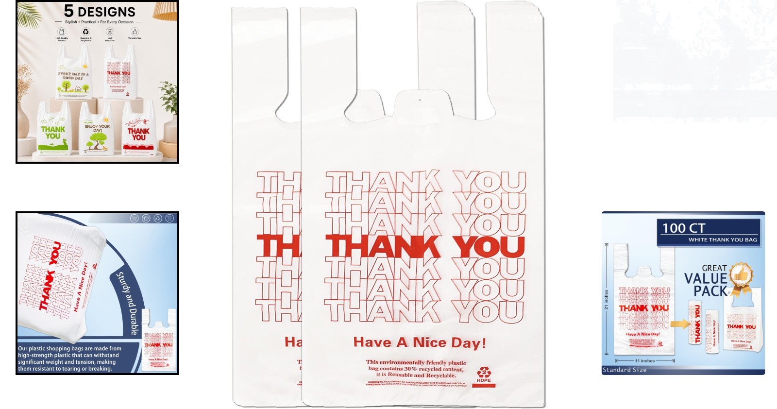 Thick White Grocery Bags – 100ct Thank You T-Shirt Style – Versatile & Efficient
