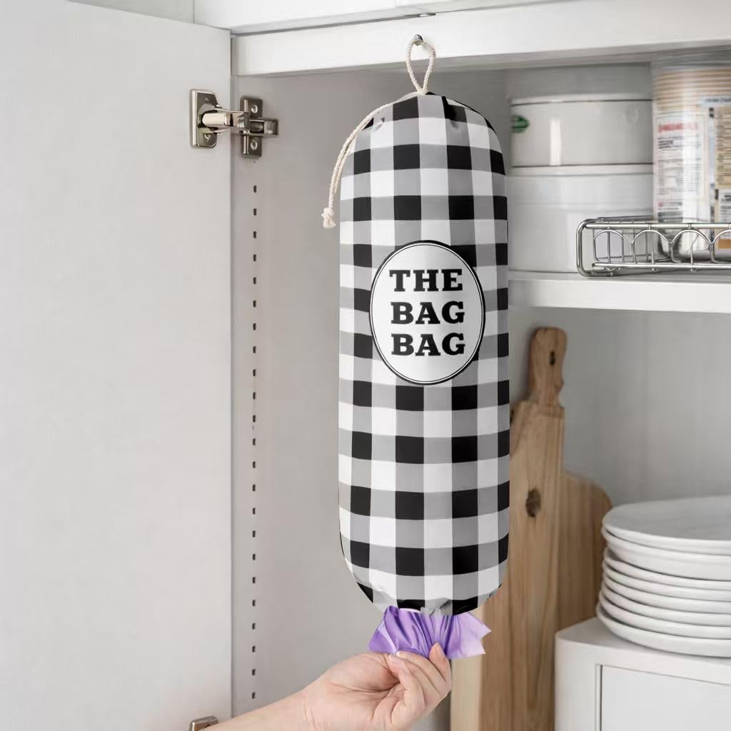 THE BAG Plastic Bag Holder, Black and White Buffalo Plaid