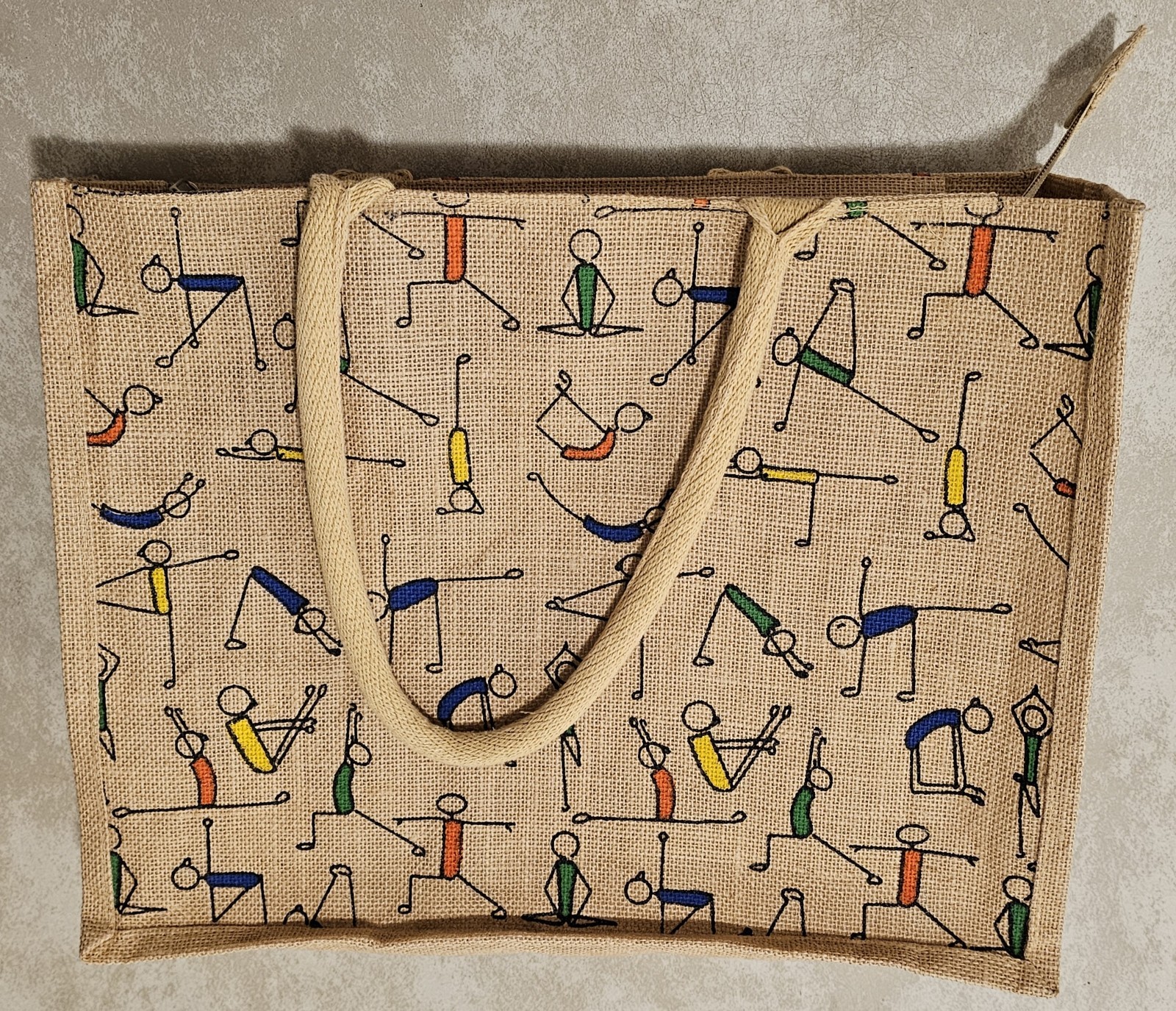 Reusable Jute Tote Bag Beige Multicolor All-Over Stick Figure Pattern 17×13″