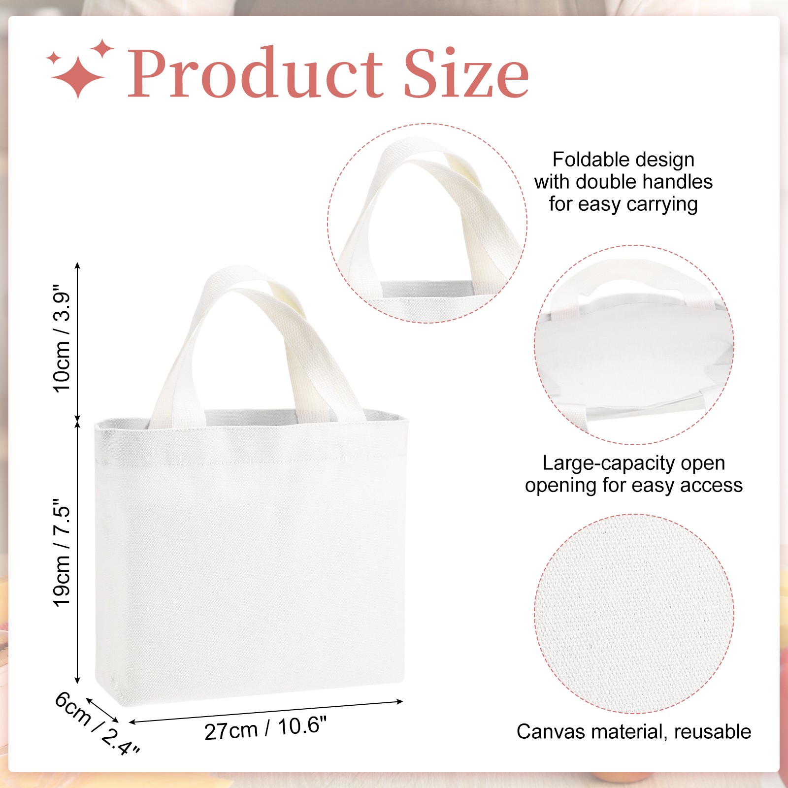 Small Canvas Tote Bag for Women, 11 x 2 x 7″ Canvas Bags, White